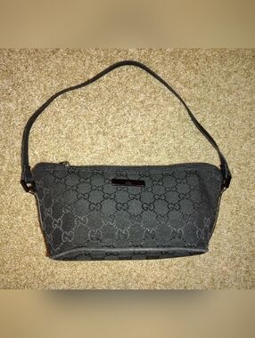 Gucci Black Monogram Wristlet Clutch Purse Make Up Evening Bag